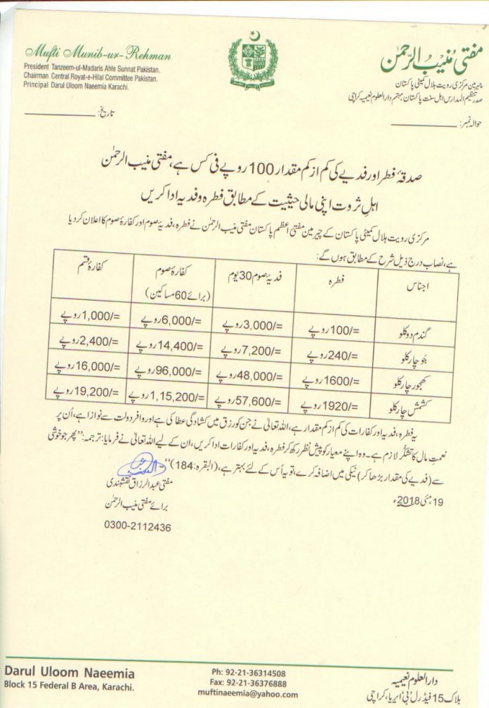 How much FIDYA for Ramzan in Pakistan in 2022