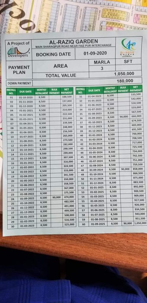 Al Raziq Garden F Block, G Block Payment Plan & Plot Possession